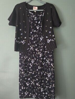 Navy Blue Cottagecore 1990s Floral Shirt Dress Sweater Set